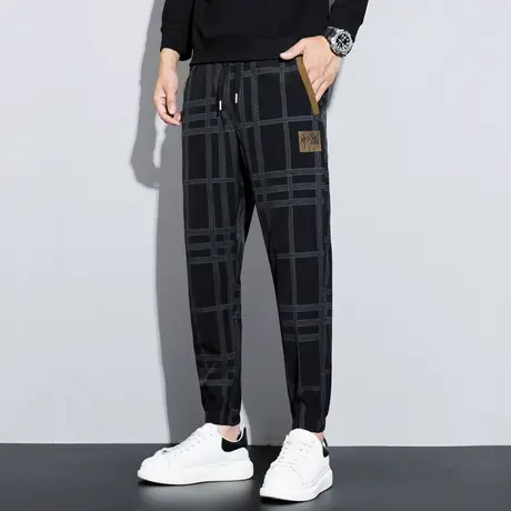 潮牌休闲裤男士格子束脚裤子2023春秋季潮流百搭运动长裤学生秋装商品大图