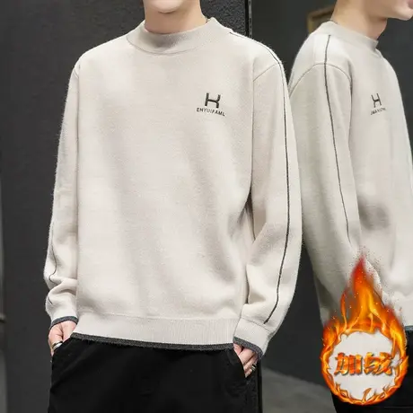 一体绒毛衣男士韩版潮流半高领加绒加厚打底针织衫2023秋冬季衣服商品大图