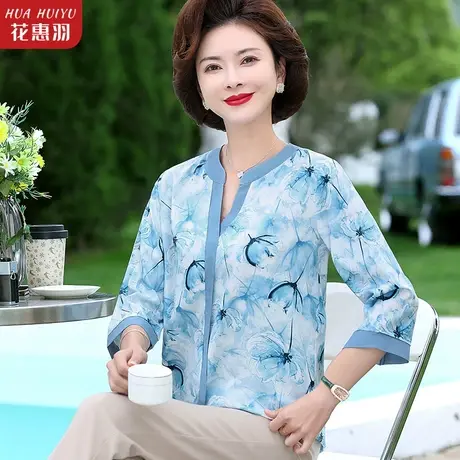 新款中老年女夏装洋气七分袖雪纺衫40岁50中年妈妈夏季仿真丝小衫图片