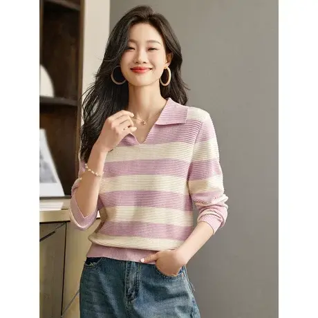 时尚气质条纹针织衫2023年秋季新款淑女温柔显瘦通勤百搭套头上衣商品大图