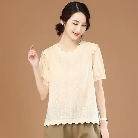韩潮袭人圆领休闲短袖雪纺衫女2023夏新款宽松蕾丝衫上衣薄商品大图