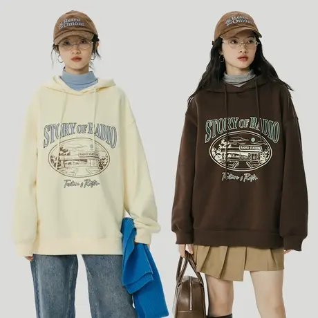 omont蛋挞家 大印花连帽加绒卫衣女秋冬美式复古oversize帽衫上衣商品大图