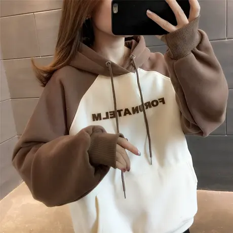 撞色连帽卫衣女设计感小众减龄拼接加绒加厚秋季上衣2023宽松新款商品大图