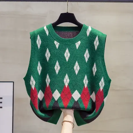 圆领菱形针织马甲背心女2023春秋新款宽松外穿马夹外搭毛衣坎肩潮商品大图