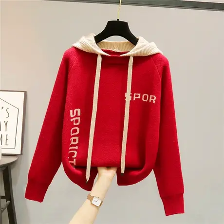 春装连帽红色毛衣女新款2023爆款女士宽松针织卫衣打底衫春秋女装图片