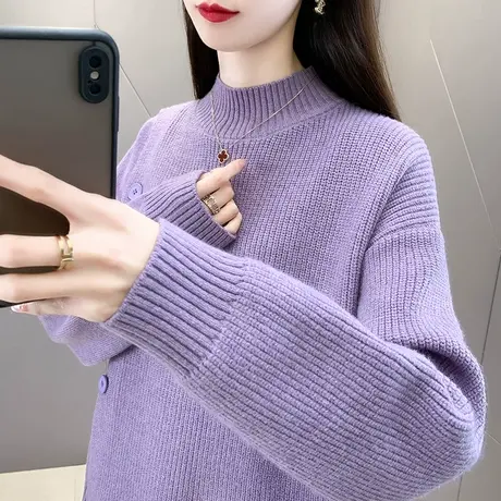 半高领毛衣女套头宽松纯色针织衫2023年秋冬新款小众洋气外穿上衣图片