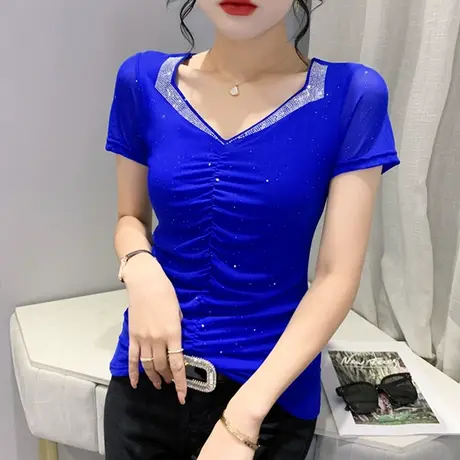 时尚V领烫钻T恤女短袖欧货网纱性感上衣2023夏季新款别致洋气小衫商品大图