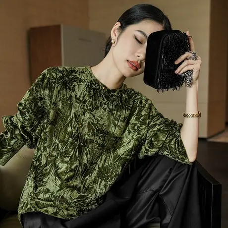 高贵洋气金丝绒上衣秋季2023长袖百搭中式复古宽松气质丝绒打底衫图片