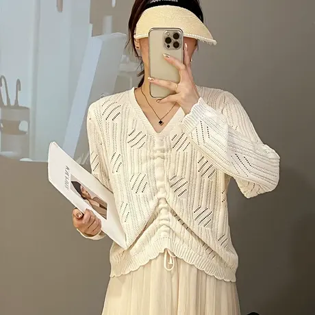 秋装2023新款女装镂空针织衫v领抽绳系带针织打底衫薄款洋气上衣商品大图