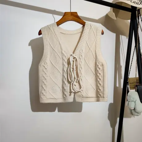系带麻花针织马甲女秋冬新款宽松v领叠穿无袖毛衣背心外搭学院风商品大图