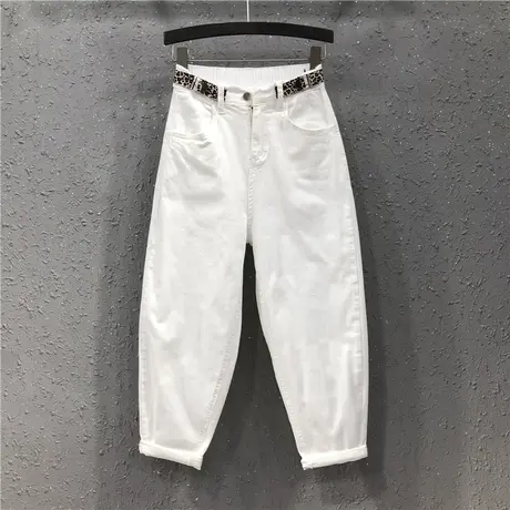 白色高腰豹纹老爹裤女春夏新款港味个性休闲九分裤宽松哈伦裤垮裤图片