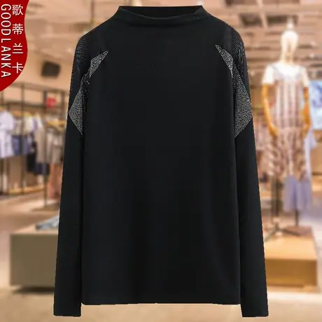 中年妈妈秋装长袖打底衫大码宽松显瘦洋气半高领镶钻蕾丝T恤上衣商品大图