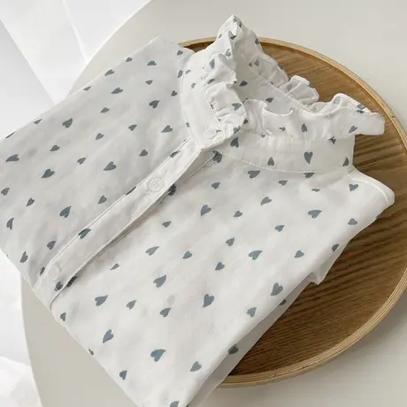 秋装韩版文艺双层棉纱衬衫女长袖宽松印花立领木耳边纯棉柔软衬衣图片