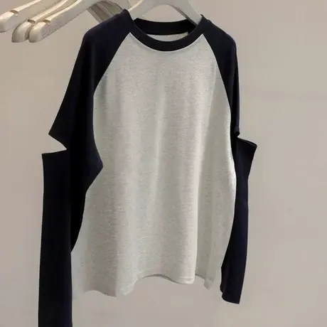 2023夏装新款撞色断袖圆领T恤女韩版简约百搭插肩长袖防晒衫上衣商品大图