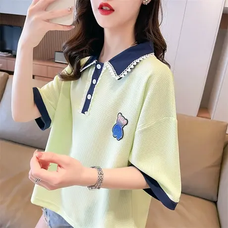 小众设计感拼色短袖t恤女夏季韩版宽松短款翻领polo衫小个子上衣图片