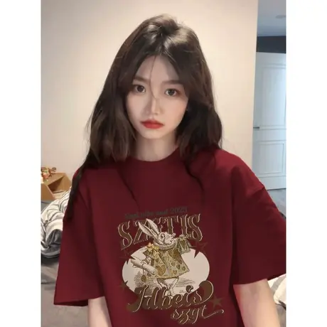 纯棉重磅美式复古短袖t恤女2023年新款春夏季设计感小众宽松上衣图片