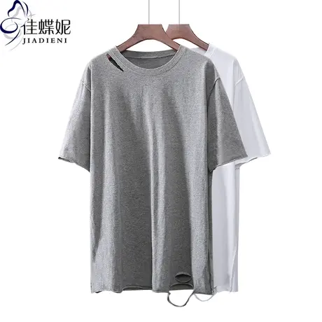 夏季新款韩版圆领宽松大码中长款破洞短袖体恤上衣内搭女打底衫商品大图