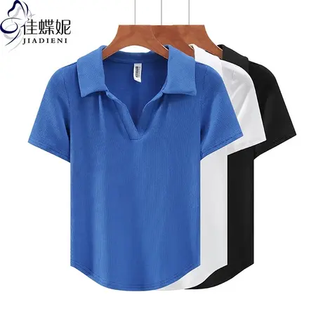 夏季新款韩版翻领修身纯棉纯色下摆圆弧短袖体恤上衣内搭女打底衫图片