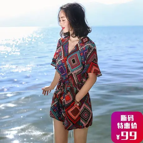 夏季马尔代夫沙滩裙裤短袖连体裤套装休闲裤气质雪纺短裤海边度假图片