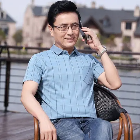 中年爸爸夏装短袖t恤男士翻领格子冰丝体恤polo衫老年人宽松上衣商品大图