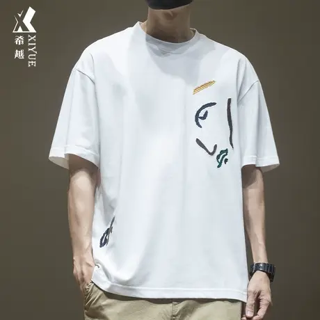 希越重磅绣花短袖T恤男日系潮流夏季宽松大码男士白色内搭打底衫商品大图