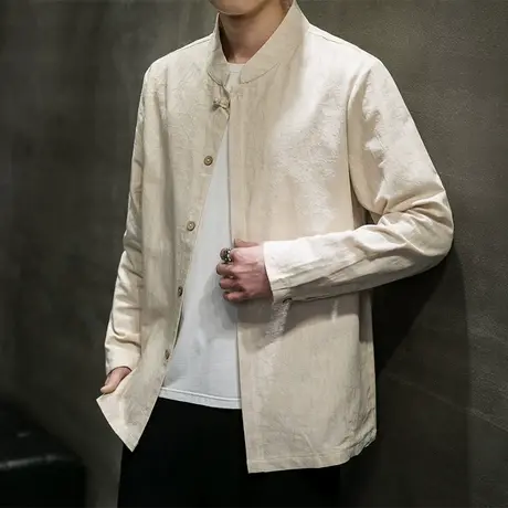 春秋长袖衬衫男中国风提花棉麻复古个性唐装中式亚麻宽松青年衣服商品大图