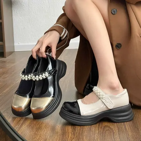 日系单鞋女2023年夏季新款时尚百搭洋气珍珠魔术贴粗跟圆头小皮鞋商品大图