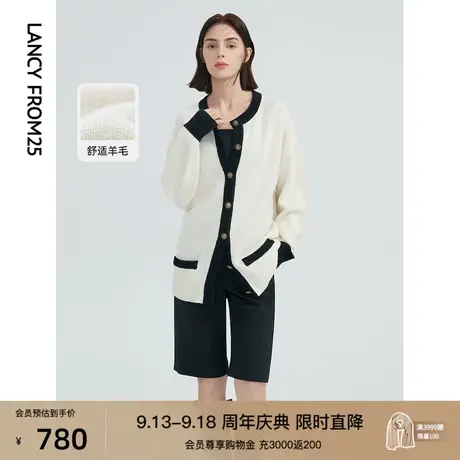 朗姿羊毛复古休闲撞色秋新款小香风毛针织衫女开衫外套上衣设计感商品大图
