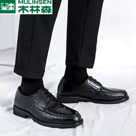 木林森男士休闲皮鞋2024新款尖头英伦男鞋黑色商务正装德比鞋秋季商品大图