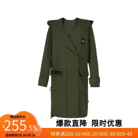 【艾格】连帽翻领风衣2023春季新款双排扣外套女口袋抽绳中长款商品大图