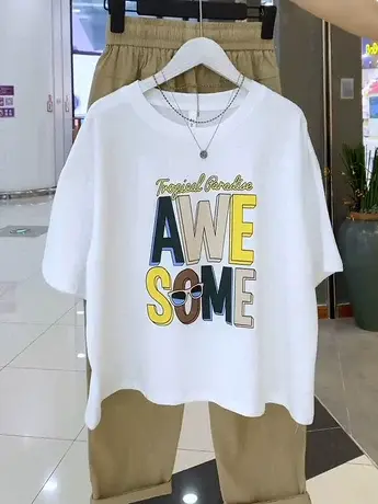 欧货字母印花短袖t恤女宽松2023年夏季新款休闲简约小众套头上衣商品大图