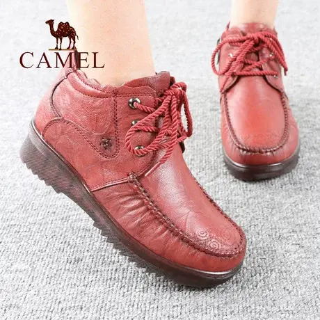 Camel/骆驼女鞋冬季加绒保暖舒适真牛筋底平高帮羊皮休闲妈妈靴子商品大图