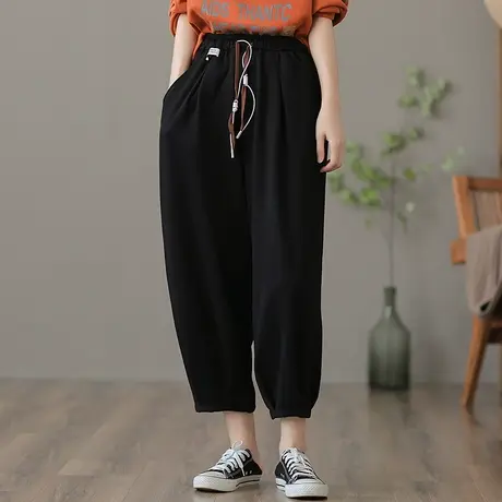 dza 高腰显瘦宽松阔腿裤子女士2022秋季九分运动裤抽绳直筒哈伦裤商品大图