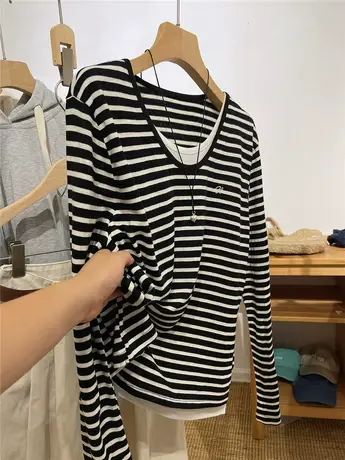 自留～叠穿假两件套好垂感 宽松显瘦百搭条纹长袖T恤女2023秋装款商品大图
