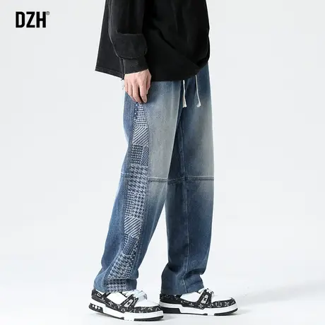 男士松紧腰拼接牛仔裤男宽松直筒高街裤子春夏款男裤2023新款长裤商品大图