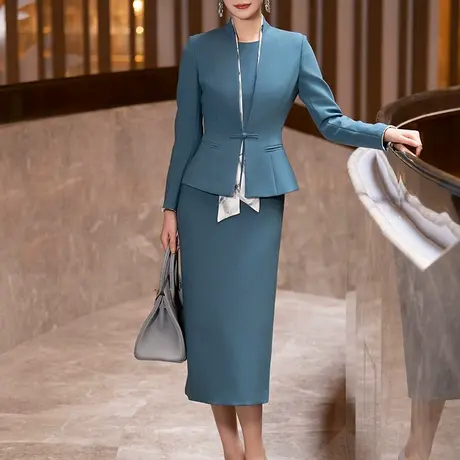 春季时尚套装女2025新款时尚气质新中式盘扣外套连衣裙蓝色两件套图片