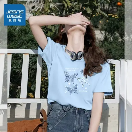 NOB真维斯蓝色纯棉短袖t恤女2025夏新款宽松休闲百搭圆领半袖上衣商品大图