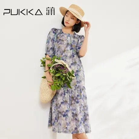 蒲PUKKA 文艺印花插肩袖抽褶撞色圆领苎麻法式连衣裙2025夏季新款图片