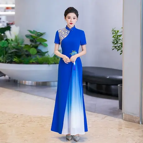 改良版微弹奥黛走秀高端旗袍2025新款舞台礼仪演出服显瘦连衣裙女图片