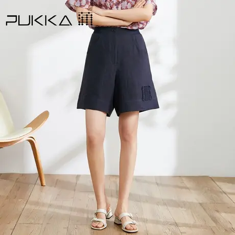 蒲PUKKA亚麻休闲短裤女2023春夏新款宽松休闲原创刺绣阔腿裤子图片