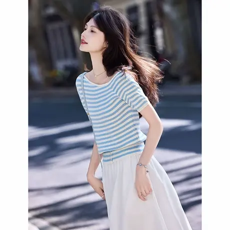 时尚气质条纹减龄夏季短袖针织衫女士2025年夏日新品薄款显瘦T恤图片
