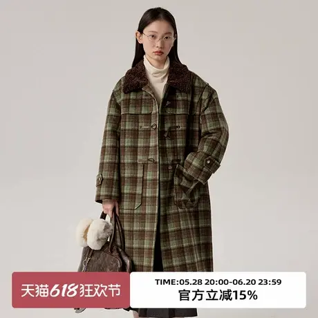 omont蛋挞家 复古撞色格纹牛角扣毛呢大衣冬季中长款呢子外套图片