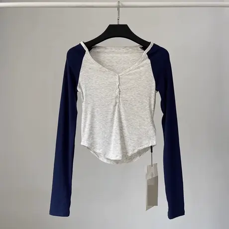 小个子短款露脐长袖T恤女早秋洋气减龄修身显瘦V领打底衫上衣服潮商品大图