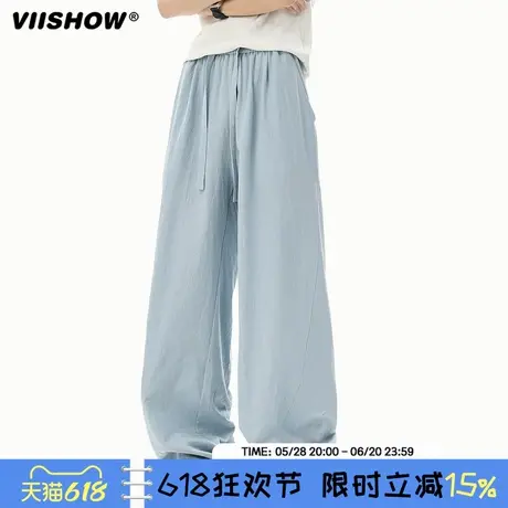 VIISHOW夏季薄款多巴胺垂感冰丝休闲裤男女宽松百搭抽绳直筒裤子商品大图