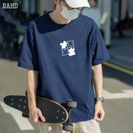 Radiohead短袖t恤男款藏青胸口拼图印花上衣宽松打底2024夏季新款商品大图