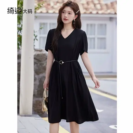 绮娑大码女装连衣裙夏新款气质高级感短袖A字收腰显瘦胖MM小黑裙商品大图