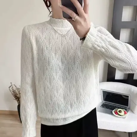 女士白色蕾丝毛衣女款2025新款春季爆款针织打底衫内搭宽松可外穿商品大图