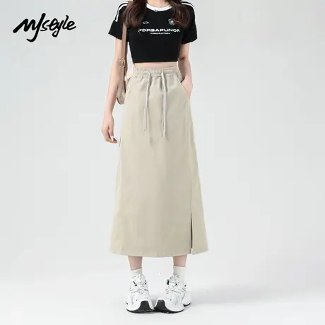 MJ STYLE工装裙女夏季2025新款高腰a字伞裙显瘦侧开叉美式半身裙图片