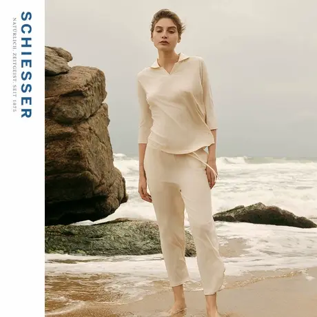 SCHIESSER舒雅25春夏新品女士横机领罗纹弹力七分袖睡衣家居套装图片