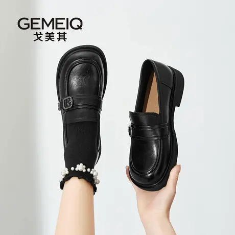 戈美其女鞋新款jk乐福鞋女英伦风小皮鞋一脚蹬舒适时尚圆头豆豆鞋图片